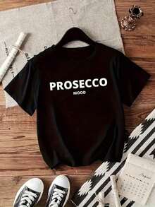 Camiseta de Moda para Mujer con Cuello Redondo y Manga Corta, Estilo Casual, para Uso en Todas las Temporadas, Diseño con Estampado de Letras Minimalistas Creativas y Degradado de Color PROSECCO MOOD. - Negro - Ver 7
