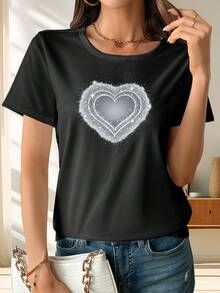 Women's Short-Sleeved T-Shirt With A Classic Sparkly Heart Print, Summer Wear, Regular Length, Suitable For Lounging At Home, Sports, Casual Wear, And Everyday Gatherings. Bestseller. - 黑色 - 查看 6
