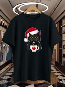 Camiseta con estampado de un gato negro súper lindo con gorro navideño - Tela cómoda, ojos amarillos sosteniendo una taza en forma de corazón - Regalo navideño ideal para el espíritu festivo, estilo casual para el día a día, camiseta unisex de manga corta para verano. Camisetas gráficas de verano para mujer - Camiseta casual estampada para mujer, manga corta y cuello redondo, moda urbana local de primavera/verano. - Negro - Ver 7