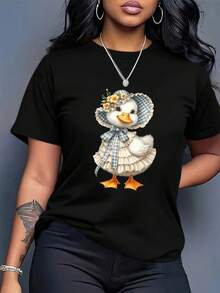 Talla Grande - Camiseta Negra para Mujer - Camiseta con diseño de pato y flores, ligera y transpirable, ideal para uso diario, adecuada para mujeres, ropa de primavera y verano y actividades casuales - Tela no transparente, moda de primavera, diseño vibrante, textura suave, top de cuello redondo, blusa elegante para mujer. Camisetas Gráficas de Verano para Mujer - Camiseta Casual Estampada para Mujer, Manga Corta y Cuello Redondo, Moda Urbana Local de Primavera/Verano. - Negro - Ver 8
