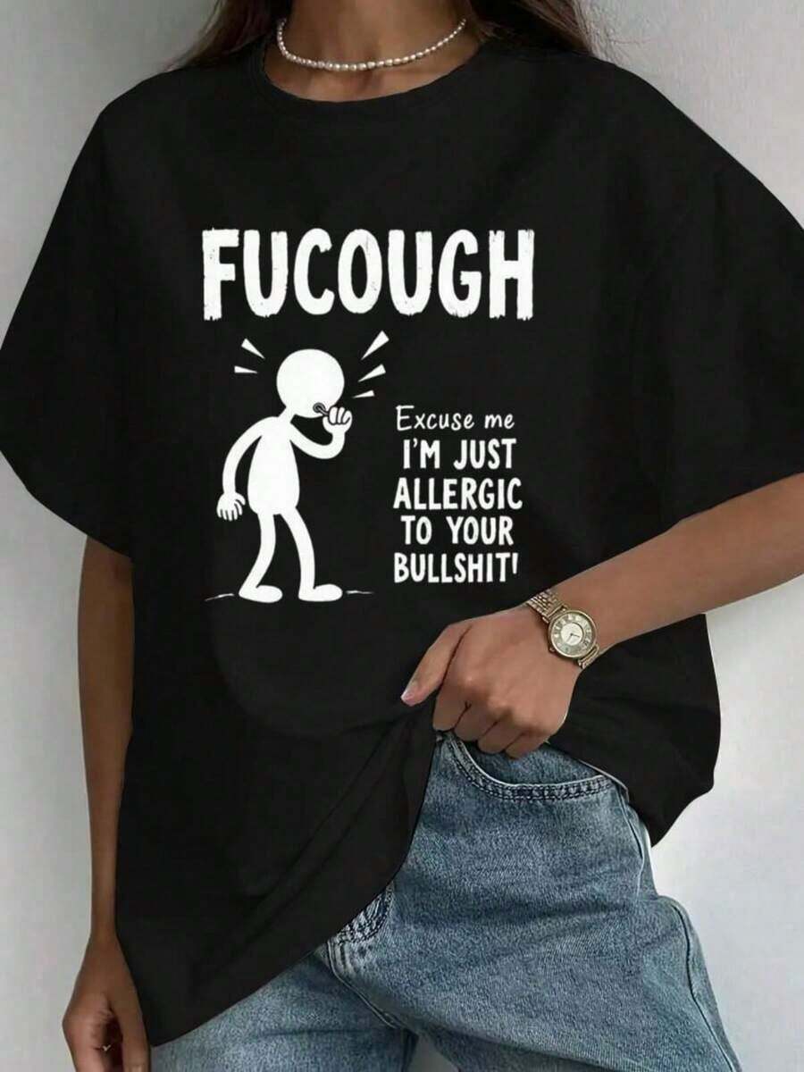 SummerCamiseta ligera de moda casual estampada para mujer, capa base moderna, adecuada para salidas diarias, única y apta para todas las estaciones, ropa casual, camiseta de manga corta disponible en múltiples colores, camiseta de talla grande para mujer, un regalo creativo y también un atuendo divertido. ¡Maldita sea, discúlpeme, simplemente soy alérgico a sus tonterías! 100% Algodón. Camiseta de manga corta para mujer, estilo básico que combina con todo, para uso interior y exterior. - Negro - Ver 1