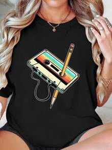 Plus Size Women's Retro Cassette Tape & Letter Print Round Neck Short Sleeve T-Shirt, Ideal For Spring/Summer Casual, School Style Outfits Black - Black - View 1