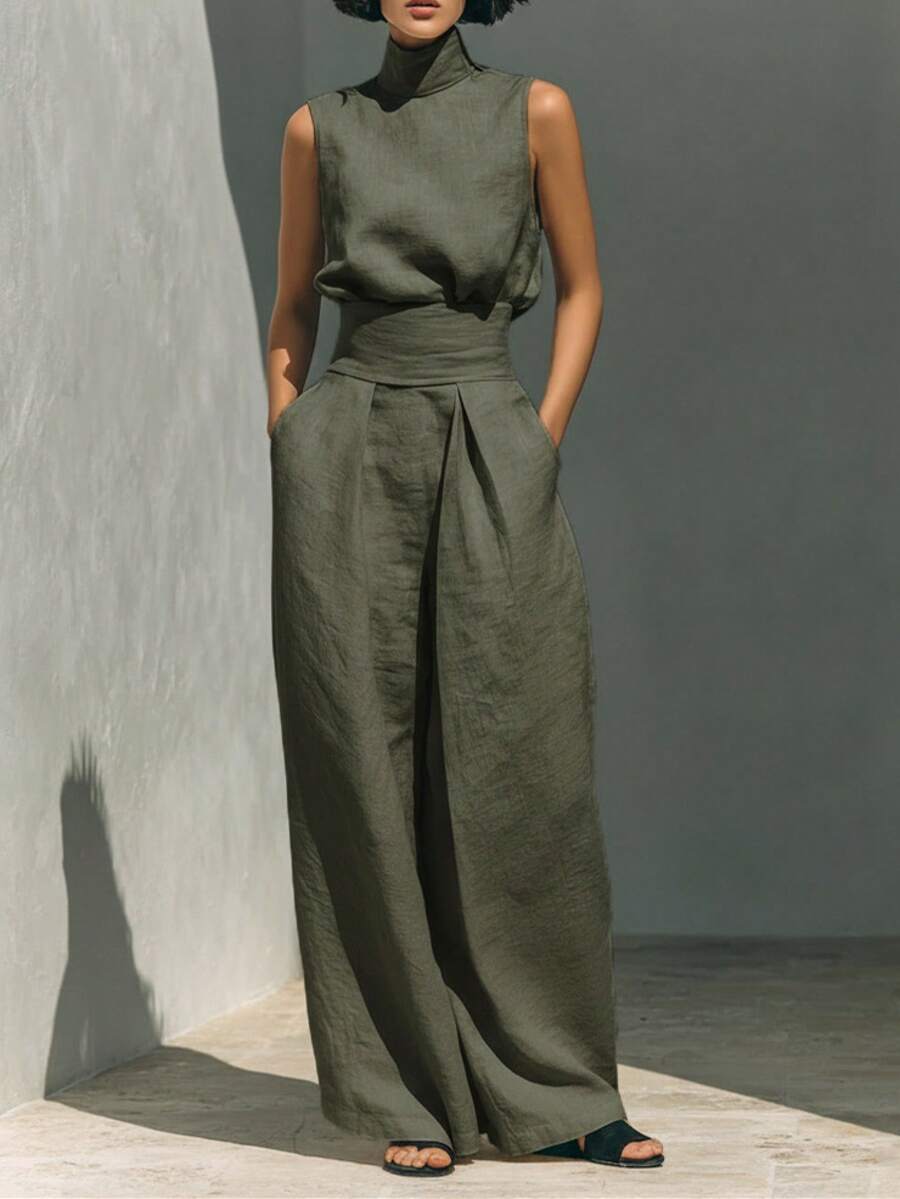 New 2026 Women's Two Piece Set Cotton Linen Sleeveless Casual Pants Spring Summer - Hijau Tentara - View 1