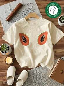 Women's Short-Sleeved Blouses, Soft Cotton Papaya Print T-Shirt, Gift For Friends, Valentine's Day, Summer Outfit, Fashionable Women's Summer Dresses, Casual, Perfect For All Seasons, Gym And Y2K Style, Round Neck, 100% Cotton, Soft Fabric, Short Sleeve, 100% Cotton. - 杏 - 查看 7