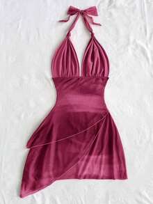 Vestido mini romántico para vacaciones con escote halter en V, con lazada, malla arrugada y bajo asimétrico en degradado vintage sexy para mujer - Rosa Fucsia - Ver 2
