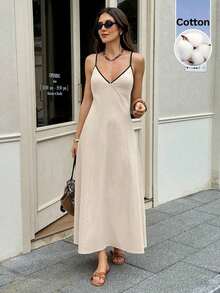 Vestido de tirantes casual de vacaciones con detalles en contraste para mujer - Albaricoque 2 - Ver 3