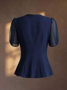 Blazer elegante y romántico para mujer con cuello en V, plisado y cintura ceñida - Azul marino - Ver 4