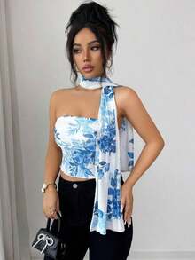 Top de camisola plisado con decoración de bufanda de malla elegante para mujeres - Azul - Ver 4