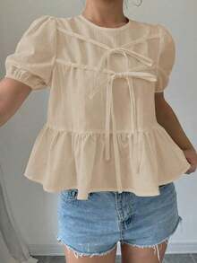 Blusa con volantes y mangas abullonadas con lazo en la parte delantera - Caqui 2 - Ver 4