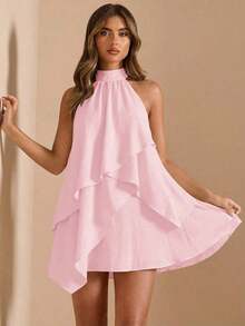 Vestido de satén de línea A con escote halter y espalda descubierta de unicolor amarillo/crema, adecuado para primavera/verano, vacaciones, playa, invitada elegante de boda, fiestas, ocasiones de otoño/invierno, Navidad elegante, Halloween - Rosa coral - Ver 3