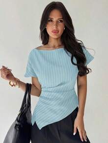 Blusa asimétrica casual y elegante a cuadros, adecuada para ir al trabajo, uso casual diario y vestimenta de negocios de moda para mujer / Vuelta al colegio / Profesora / Blusas para salir / Blusas para salir / Mujer de negocios casual / Camisa a - Celeste - Ver 4
