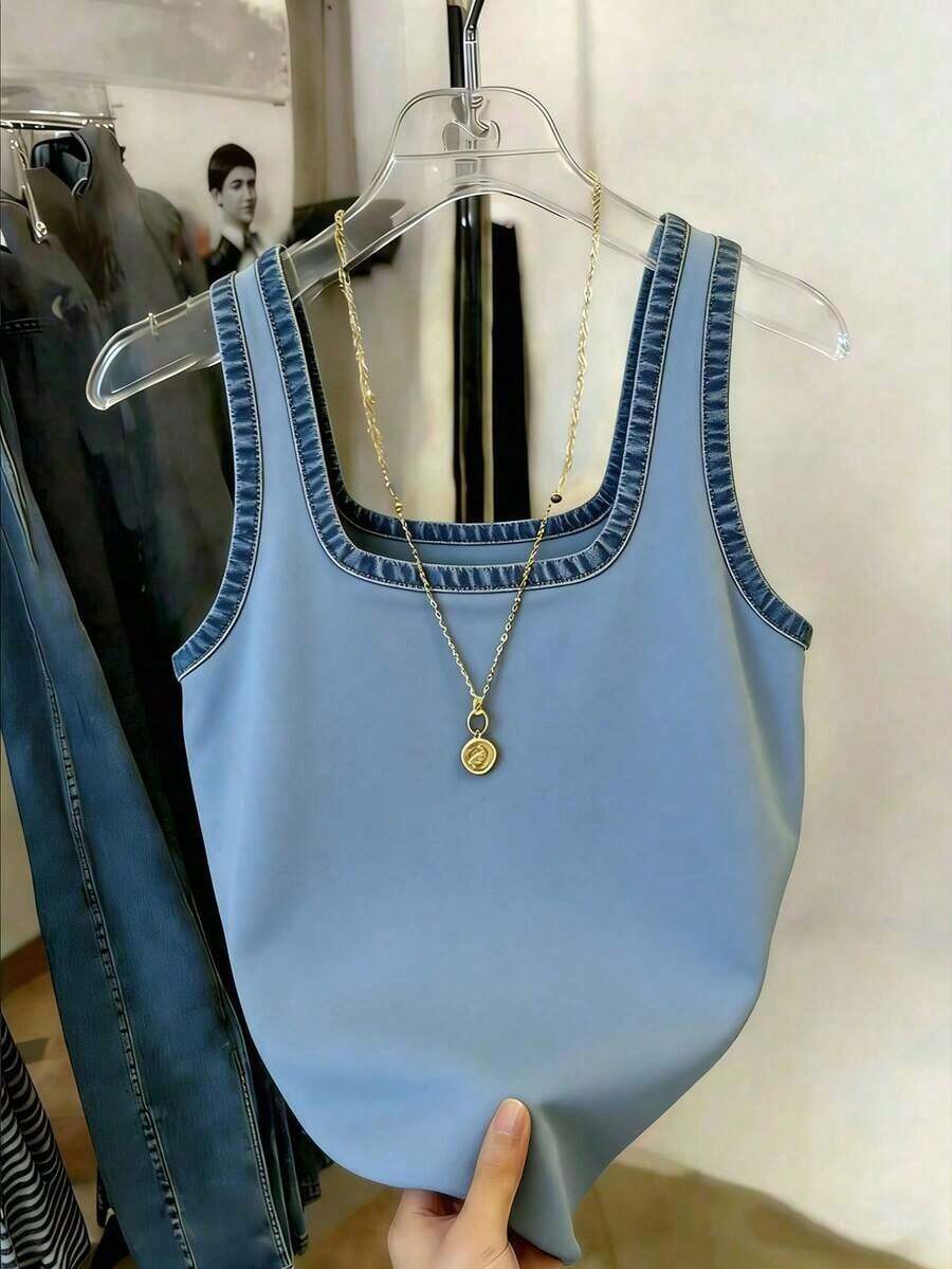 Camiseta sin mangas de escote cuadrado con ribete para mujer, ideal para el verano, vacaciones y uso diario - Multicolor 2 - Ver 1