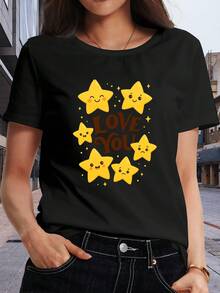 Talla Grande - Talla Grande - Talla Grande, Camiseta Casual "LOVE YOU" Kawaii | Cúmulo de Estrellas Caprichosas con Varis Expresiones alrededor del Mense Central - Top Ligero para el Día a Díara Momentos Dulces y Atuendos Casuales - Negro - Ver 2