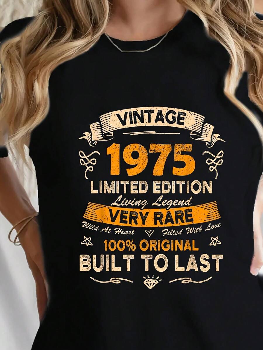 Camiseta de mujer Vintage 1975  - Camiseta retro negra con diseño original de 1975 - Tejido suave y transpirable - Eión limit de colección - Camiseta casual de uso diario - Regalo i de cumpleaños y anrsario para mujer, camisetas para damas, cuello redondo clásico, diseño de estampado de