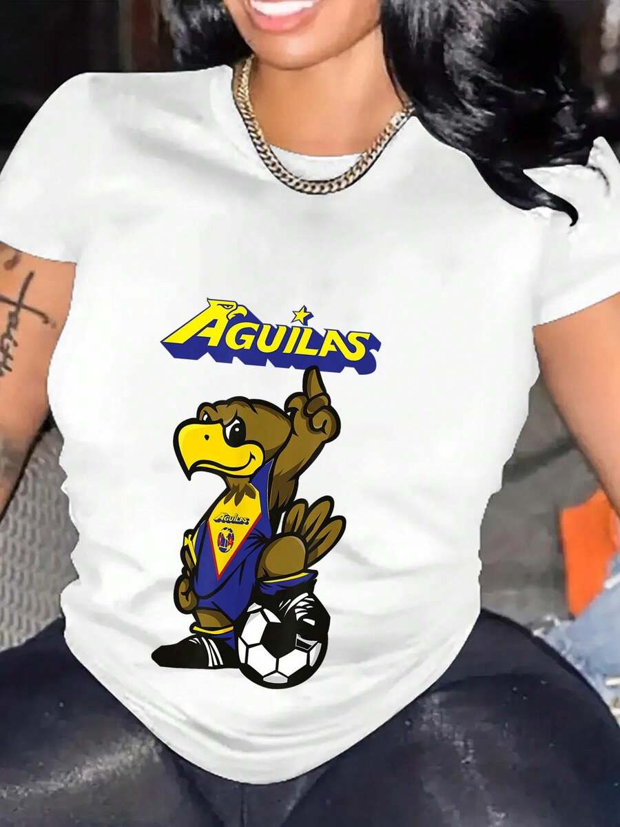 2026 Camiseta de Talla Grande para Mujeres con patrones impresos divertidos, Camiseta Gráfica de Mujeres "AGUILAS" - Diseño Vibrante de Águila y Balón de Fútbol, Suave, Cuello Redondo, Perfecta para Fanáticos del Deporte y Ropa Casual, Comodidad para Todas las Estaciones, Camiseta Casual Diseño Juguetón Ajuste cómodo, temática de fútbol, adecuado para uso diario, regalos de San Valentín y Pascua. - Negro - Ver 1