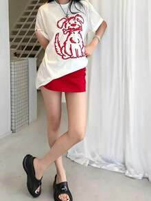 Camiseta Unisex Holgada con Estampado de Cachorro Rojo, Camiseta Deportiva de Manga Corta para Verano, Algodón QXRA - Blanco - Ver 2