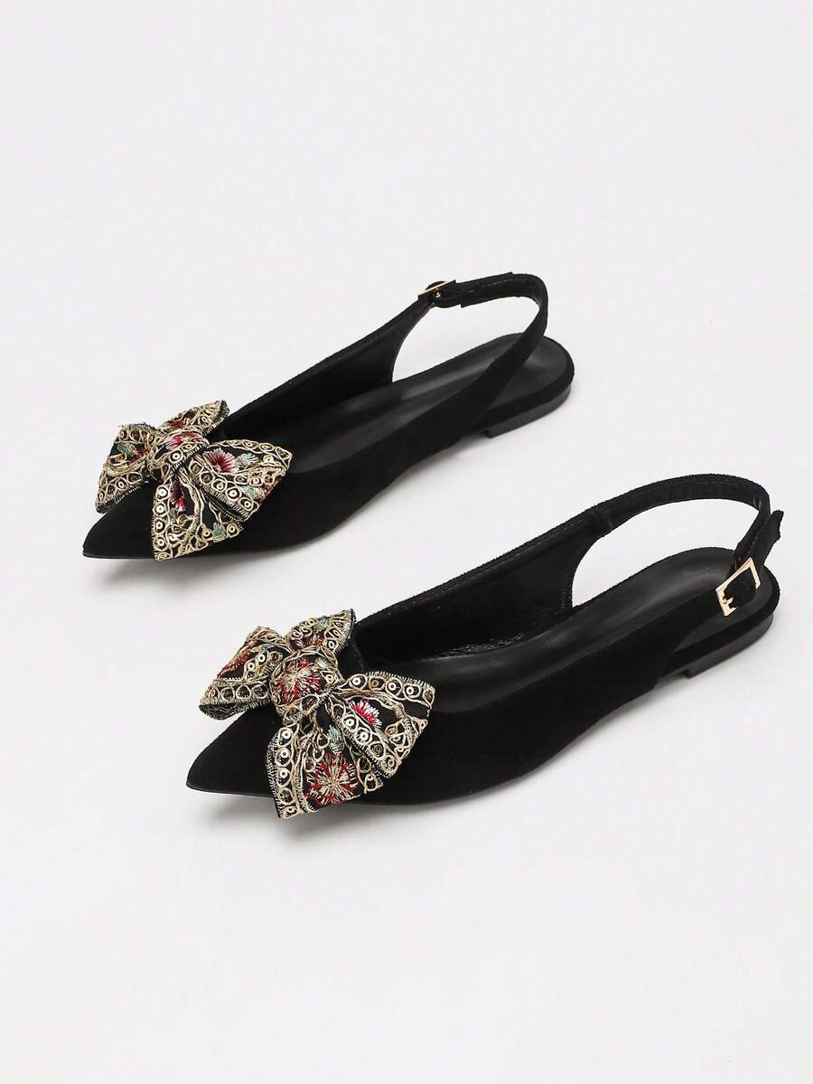 Giày sandal đế bằng nữ mũi nhọn, màu đen, kiểu dáng casual, thắt nơ bên hông, thời trang xuân/hè mới. - màu đen - Xem 1
