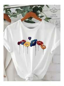 Dam-T-shirt med färgglatt blommönster, lös och bekväm - Vitt - Visa 6