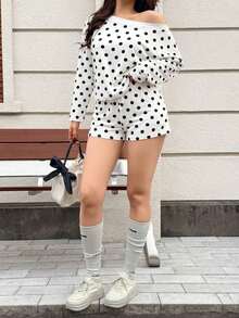 Conjunto de 2 piezas holgado a rayas para mujer, incluye top de manga larga con hombros oblicuos + shorts con cordón, conjunto de ropa de estar en casa informal - Multicolor 3 - Ver 5