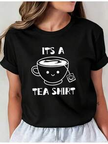 Women's Summer Short-Sleeved T-Shirt With Front Print, Comfortable And Breathable Fabric, Casual, Suitable For Spring And Summer, Casual Round Neck Top, Comfortable Women's Clothing. - 黑色 - 查看 7