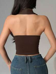 Blusa de punto con cuello drapeado sexy en color borgoña para mujeres - Marrón - Ver 2