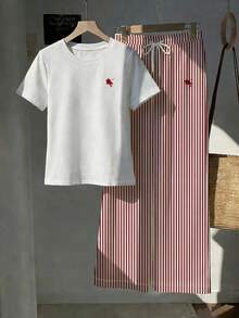 2 piezas Conjunto de top de manga corta con estampado floral bordado falso y rayas y pantalones a rayas, atuendo casual adecuado para el uso diario, citas, fiestas, otoño/invierno/verano, Navidad, Año Nuevo, Acción de Gracias, fiestas, bodas, - Rojo - Ver 5