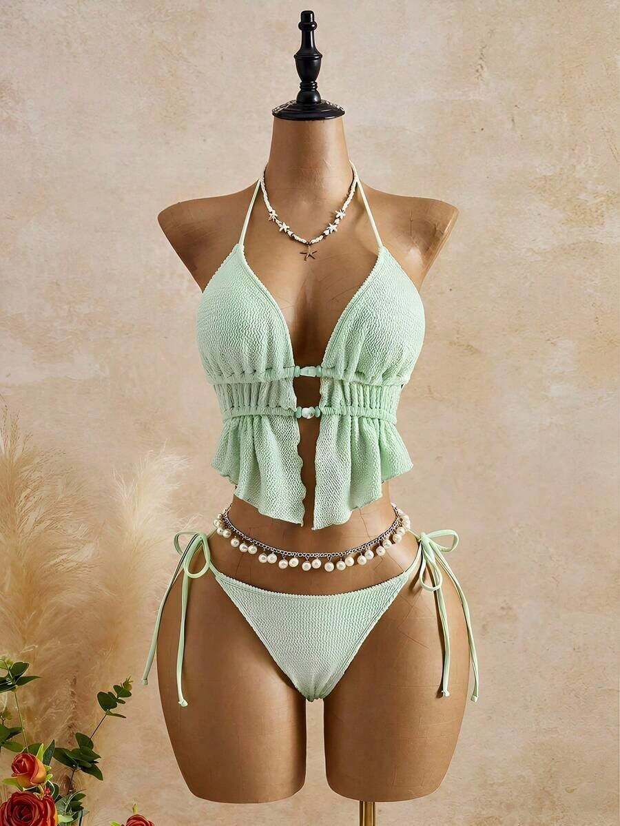 Bellisia Top de bikini de mujer de punto texturizado marrón con cuentas y piedras - verde menta - Ver 1