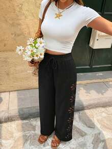 Frenchy Pantalones anchos de pierna ancha con cordón en la cintura, de unicolor y con corte láser, estilo casual de vacaciones para mujer - Negro - Ver 6