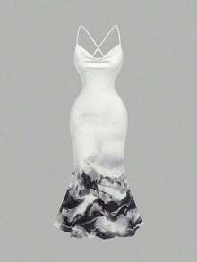 Vestido con cuello drapeado para mujer, ropa de otoño, vestido de mujer para San Valentín, vestido de baile de máscaras, vestidos elegantes para mujer - Blanco y Negro - Ver 1
