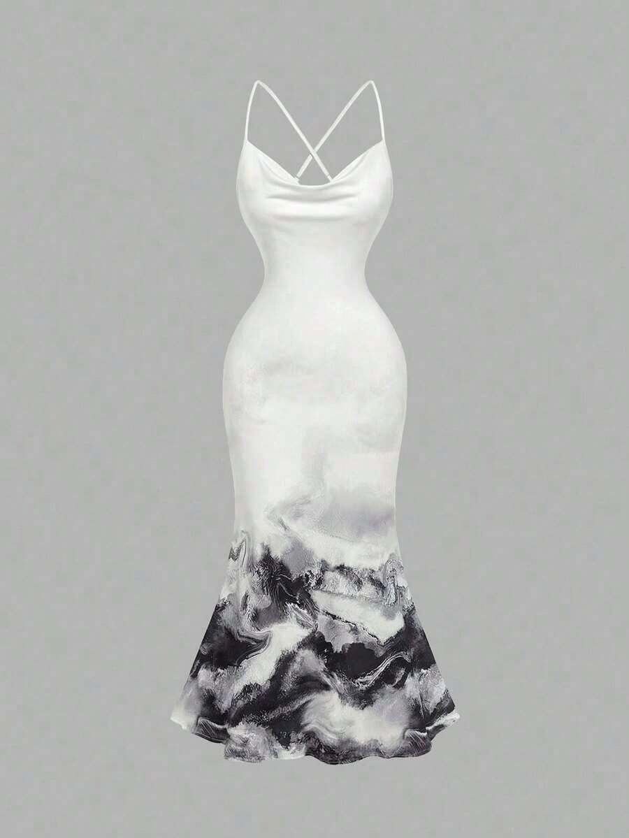 Vestido con cuello drapeado para mujer, ropa de otoño, vestido de mujer para San Valentín, vestido de baile de máscaras, vestidos elegantes para mujer - Blanco y Negro - Ver 1