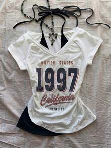 Camiseta de mujer casual de cuello en V retro, con atar, de manga corta y contraste de color, adecuada para el verano - Blanco 9 - Ver 1
