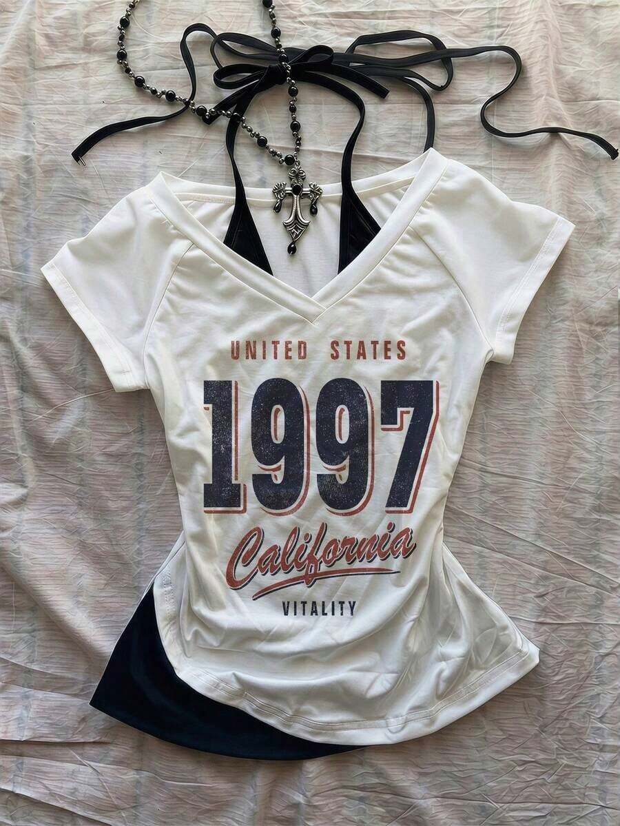 Camiseta de mujer casual de cuello en V retro, con atar, de manga corta y contraste de color, adecuada para el verano - Blanco 9 - Ver 1