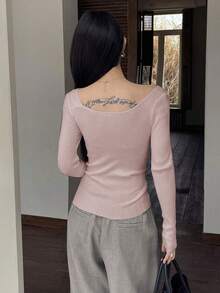 Blusa casual de mujer de punto acanalado con botones y manga corta - Rosa 2 - Ver 2