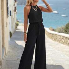 Summer Vacation Casual Solid Color Halter Jumpsuit - Negro - Ver 6