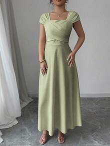 Vestido elegante de manga raglán y cuello cuadrado con detalle cruzado en el busto, de unicolor para mujeres - Verde - Ver 5