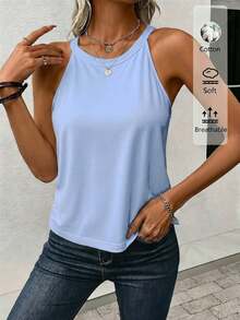 LUNE Camiseta de tirantes de cuello halter casual y cómoda para mujer, 95% algodón, adecuada para el verano - Celeste - Ver 4
