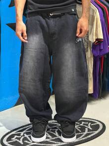 Trip Side Baggy Pants With Embroidered White Cross Print - Hard Print - New Premium Release - Street Skate - Dark Wash - View 2