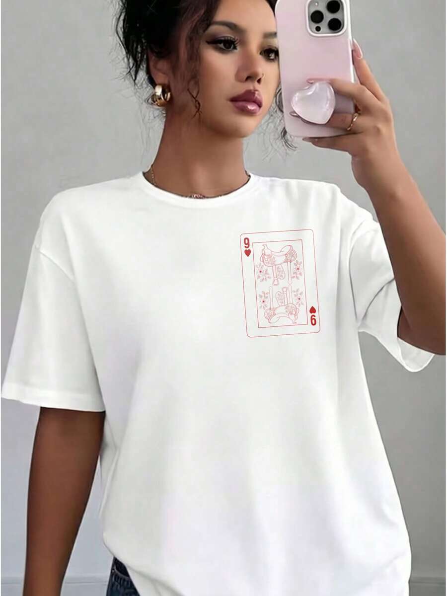 1 Piece 180g Women's T-Shirt, Men's Casual Cotton Crew Neck T-Shirt. Women's Sports T-Shirt. Designed By Y2K Artists In The Bababask Style, Made From 100% Pure Cotton. Vintage Playing Card Design With Roses, Classic Style, Comfortable Short Sleeves. - 白色8 - 查看 1