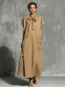 Vestido Midi Casual para Mujer 2026, Verde Militar, Sólido, con Lazo en la Cintura y Manga Corta - Albaricoque - Ver 10