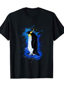 Penguin Print T-Shirt - Soft Medium Stretch Fabric, Crew Neck, Casual Penguin Print Style, Versatile Garment To Match With Outfits All Year Round - Ideal Penguin Themed Gift (Machine Washable) - 黑色 - 查看 6