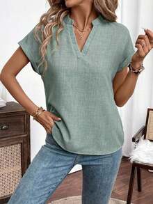 Camisa de verano para mujer de unicolor con escote en V estilo murciélago, manga corta - Verde 2 - Ver 5