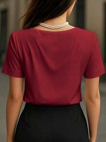 1 pieza Blusa de mujer de unicolor de satén con cuello en V y manga corta, elegante y de moda para uso diario, oficina, hogar, citas, primavera y verano casual - Burdeos - Ver 5