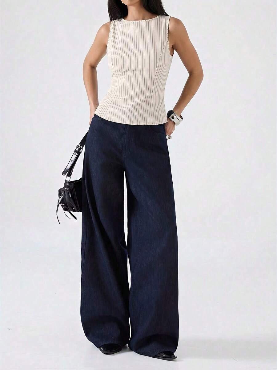 2026 Nueva Camiseta de Tirantes Ajustada de Cuello Redondo a Rayas de Color Albaricoque Minimalista, Adecuada para Trabajo/Casual de Negocios/Oficina, Top de Moda para Mujer - Albaricoque - Ver 1