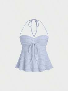 Tops halter con cordón en el busto de color sólido, estilo Y2K para mujeres - Azul - Ver 6