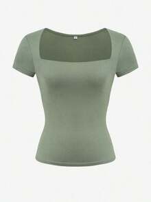 Camiseta de manga corta ajustada y sexy con cuello cuadrado de punto de unicolor para mujer Vaiaye, top de activewear para primavera/verano, adecuado para el Día de San Valentín en color rojo casual - frijol verde - Ver 3