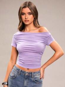 Camiseta corta ajustada con cuello asimétrico y fruncido, de unicolor, informal, para verano - Púrpura malva - Ver 4