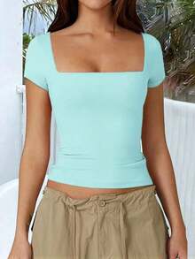 Camiseta de manga corta ajustada y sexy con cuello cuadrado de punto de unicolor para mujer Vaiaye, top de activewear para primavera/verano, adecuado para el Día de San Valentín en color rojo casual - Celeste - Ver 6