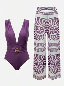 Swim Oasis Conjunto elegante de retro con estampado en espiral de un solo pieza de traje de baño coordinado con pantalón de pierna ancha, conjunto de vacaciones elegante para mujeres - Multicolor 2 - Ver 6