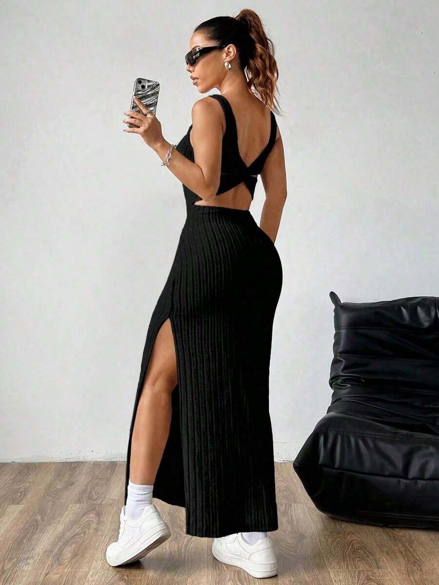 maxi informal sin mangas con abertura lateral, atuendo de mujer - Negro - Ver 1