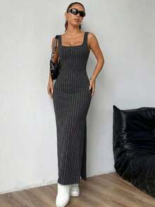 maxi informal sin mangas con abertura lateral, atuendo de mujer - Gris Oscuro - Ver 6